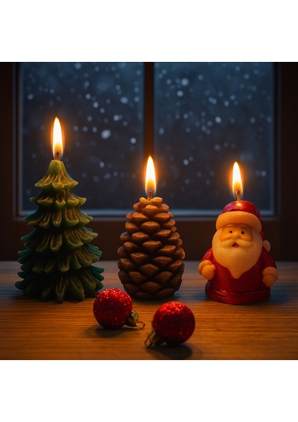 3'lü Set Noel Temalı Dekoratif Mum Seti – Çam Ağacı, Kozalak ve Noel Baba Tasarımlı El Yapımı Süs Mumlar, Loş Işık ve Sıcak Atmosfer Yaratan Şık Masa Dekoru, Yılbaşı Hediyesi