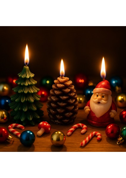 3'lü Set Noel Temalı Dekoratif Mum Seti – Çam Ağacı, Kozalak ve Noel Baba Tasarımlı El Yapımı Süs Mumlar, Loş Işık ve Sıcak Atmosfer Yaratan Şık Masa Dekoru, Yılbaşı Hediyesi fiyatları