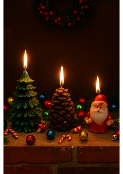 3'lü Set Noel Temalı Dekoratif Mum Seti – Çam Ağacı, Kozalak ve Noel Baba Tasarımlı El Yapımı Süs Mumlar, Loş Işık ve Sıcak Atmosfer Yaratan Şık Masa Dekoru, Yılbaşı Hediyesi modelleri