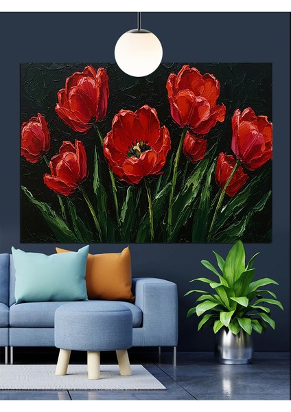 Kırmızı Lale Bahçesi Dekoratif Kanvas - Mdf Ahşap Tablo fırsatları