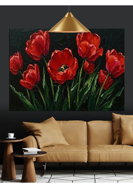 Kırmızı Lale Bahçesi Dekoratif Kanvas - Mdf Ahşap Tablo indirimleri
