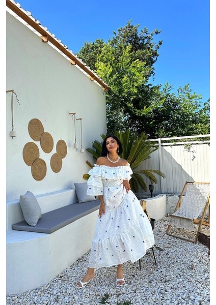 Lila Omuzları Lastikli Brode Elbise fiyatları