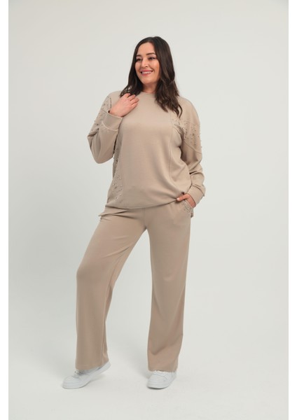 Kadın Büyük Beden Bej Taş Detaylı Bisiklet Yaka Eşofman Takım 65N38662