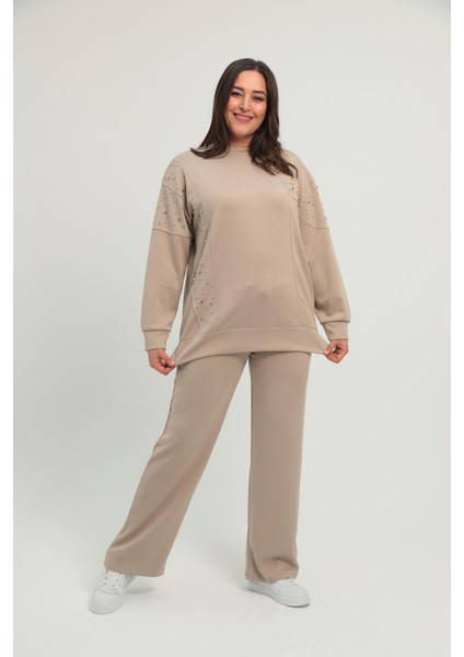 Kadın Büyük Beden Bej Taş Detaylı Bisiklet Yaka Eşofman Takım 65N38662 fiyatları