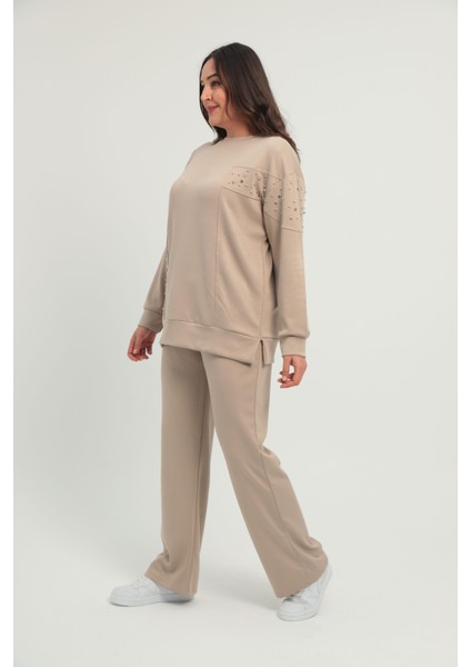 Kadın Büyük Beden Bej Taş Detaylı Bisiklet Yaka Eşofman Takım 65N38662 indirimleri