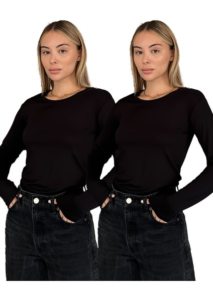 Kadın Uzun Kollu Bisiklet Yaka Penye Body 2'li Set