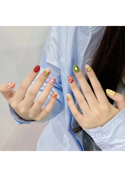 10'lu Renkli Kısa Oval TT1186 Tekrar Kullanılabilir El Yapımı Protez Takma Tırnak - Renkli-M
