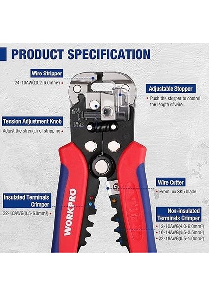 Kablo Sıyırma Pensesi 200 mm Otomatik, 3'ü 1 Arada Sıyırma, Sıkma ve Kesme, Sıkma Pensesi, Tel Kesici, Awg 24-10 (0,2 – 6,0 Mm²) Kablolar Için Çok Fonksiyonlu Kablo Sıyırma Aleti fiyatları