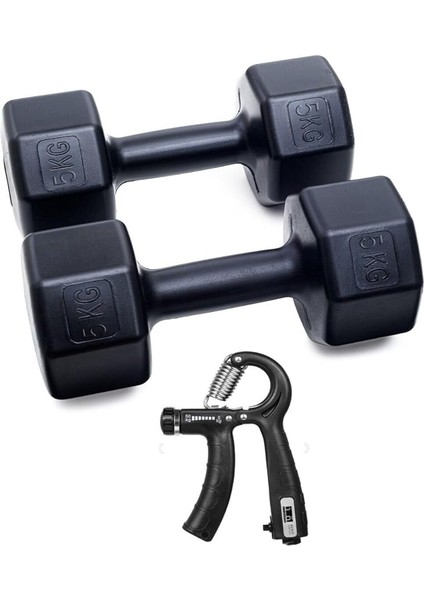 Ps Spor 5 kg Dambıl x 2 Adet = 10 Kg+Sayaçlı Ayarlanabilir El Yayı Siyah
