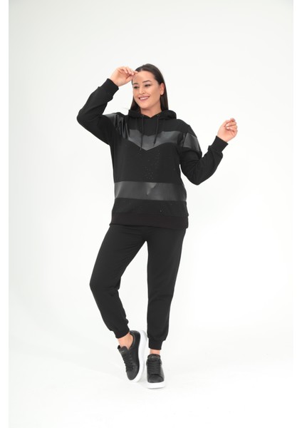 Kadın Büyük Beden Siyah Deri Detaylı Kapüşonlu Eşofman Takım 65N38690