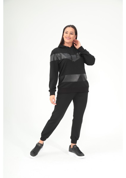 Kadın Büyük Beden Siyah Deri Detaylı Kapüşonlu Eşofman Takım 65N38690 fiyatları