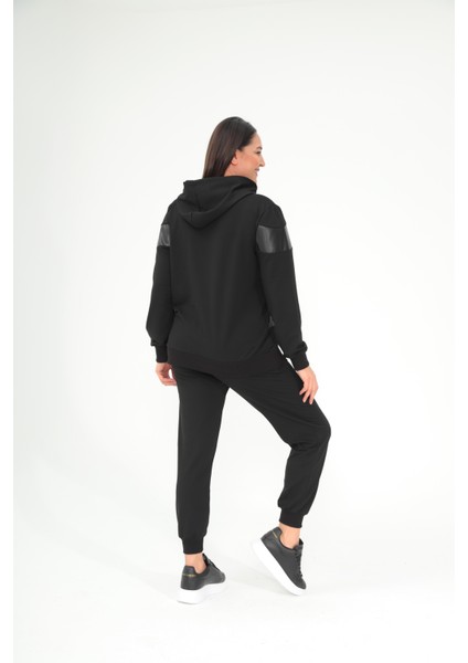 Kadın Büyük Beden Siyah Deri Detaylı Kapüşonlu Eşofman Takım 65N38690 fırsatları