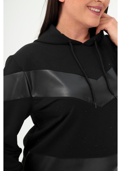 Kadın Büyük Beden Siyah Deri Detaylı Kapüşonlu Eşofman Takım 65N38690 indirimleri