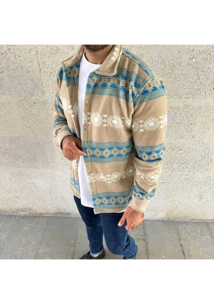 Erkek Desenli Polar Gömlek - Etnik Şerit Desen Yakalı, Uzun Kollu, Düğmeli, Oversize Rahat Kalıp - Sarı -Vlmr fırsatları