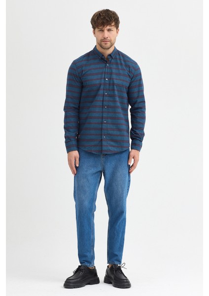 Regular Fit Pamuk Karışımlı Melanj Yatay Çizgili Düğmeli Yaka Gömlek