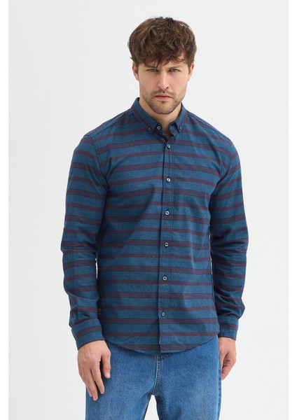 Regular Fit Pamuk Karışımlı Melanj Yatay Çizgili Düğmeli Yaka Gömlek fiyatları