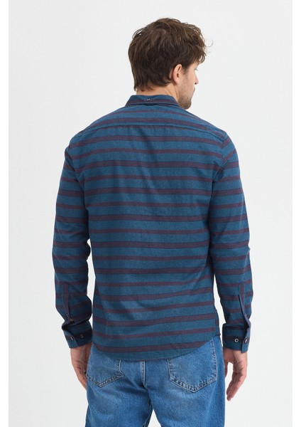 Regular Fit Pamuk Karışımlı Melanj Yatay Çizgili Düğmeli Yaka Gömlek
