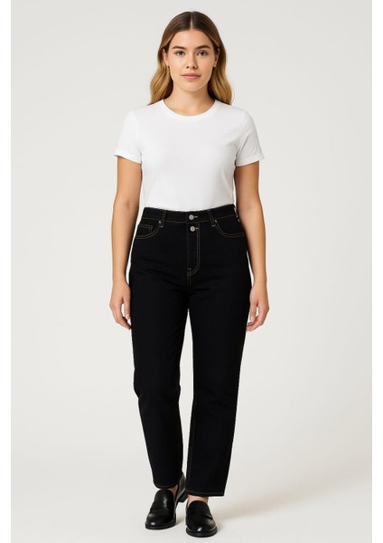 Kadın Büyük Beden Siyah, Yıkamalı Kumaş, Kontras Dikişli, 5 Cep Kot Pantolon 65N39194