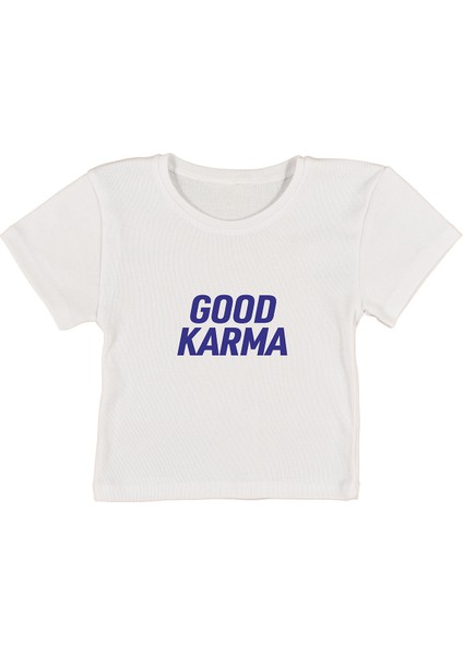 Good Karma Baskılı Beyaz Crop Top