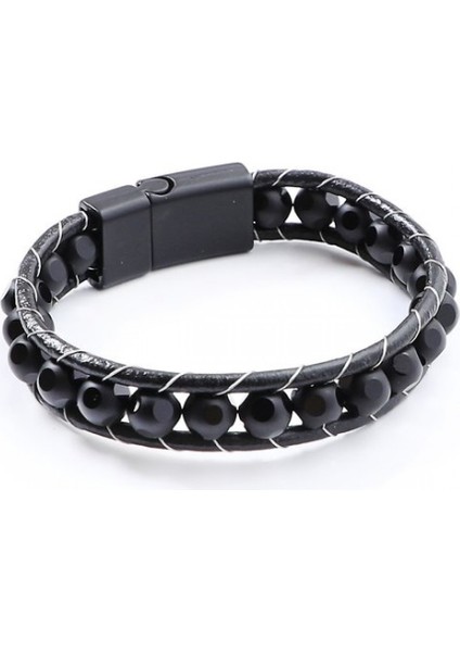 Desenli Oniks Doğaltaşlı Deri Bileklik 9592B2D8M2