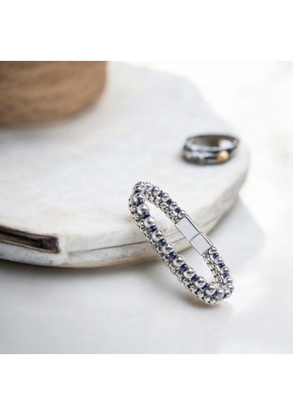 Çelik Zincirli Gümüş ve Mavi Hematit Bileklik 9592B21D3 modelleri