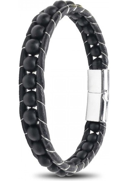 6mm Mat Oniks Taşlı Deri Kordon ve Çelik Bileklik 9592B2D6M1