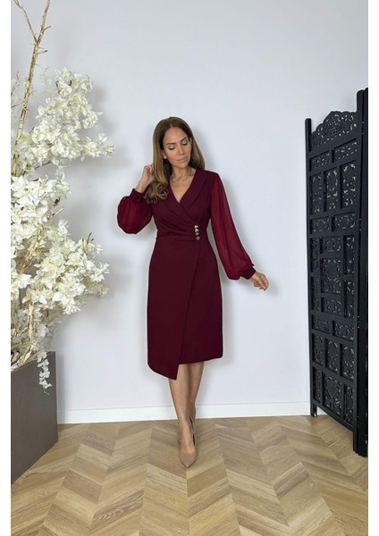 G1571 Şifon Kol Düğme Detaylı Elbise Bordo