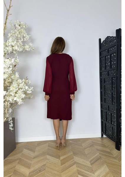 G1571 Şifon Kol Düğme Detaylı Elbise Bordo fiyatları