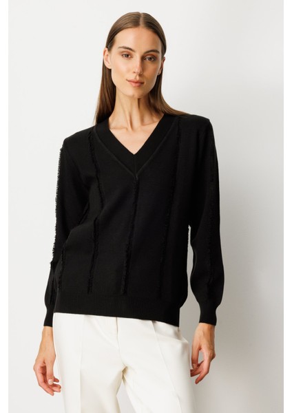 Kadın Yaka Şerit Kırçıllı Triko Kazak 65321 Siyah