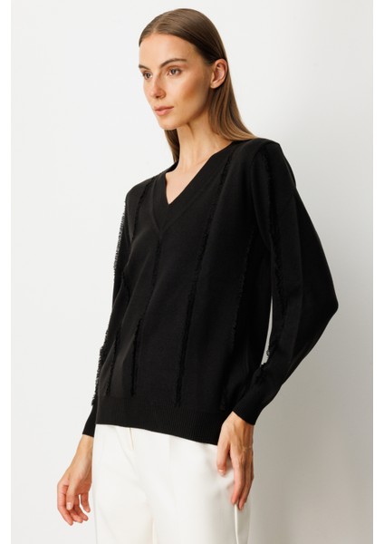Kadın Yaka Şerit Kırçıllı Triko Kazak 65321 Siyah fiyatları