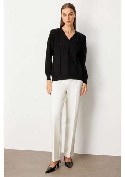 Kadın Yaka Şerit Kırçıllı Triko Kazak 65321 Siyah modelleri