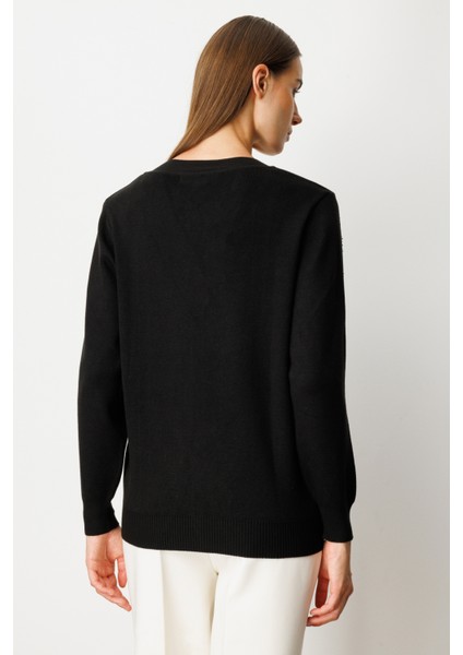 Kadın Yaka Şerit Kırçıllı Triko Kazak 65321 Siyah fırsatları