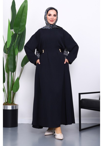 Lacivert Bel Bağlamalı Piliseli Elbise