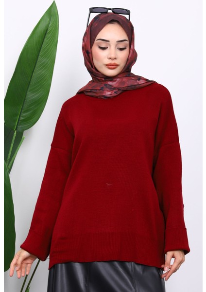 Bordo Bisiklet Yaka Yumuşak Dokulu Oversize Triko Kazak