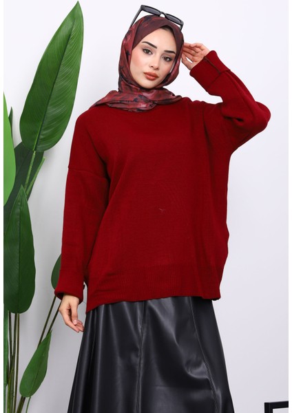 Bordo Bisiklet Yaka Yumuşak Dokulu Oversize Triko Kazak modelleri