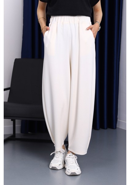 Ekru Bel Lastikli Cepli Pantolon