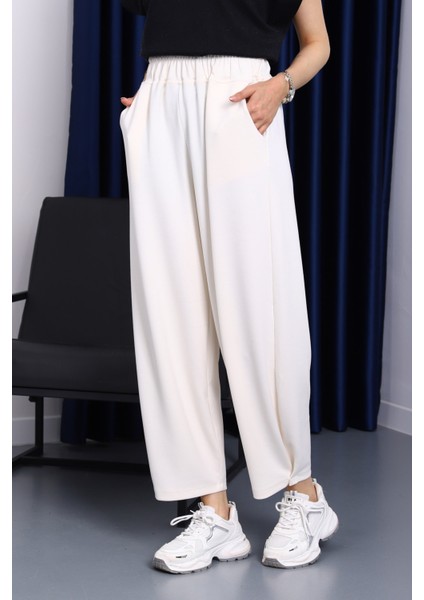 Ekru Bel Lastikli Cepli Pantolon modelleri