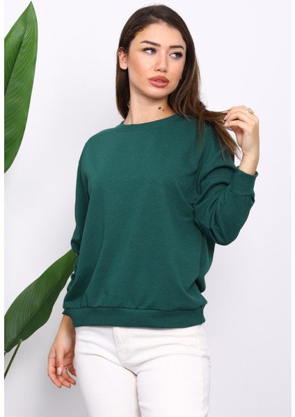 Zümrüt Yeşili Bisiklet Yaka İki İplik Sweatshirt