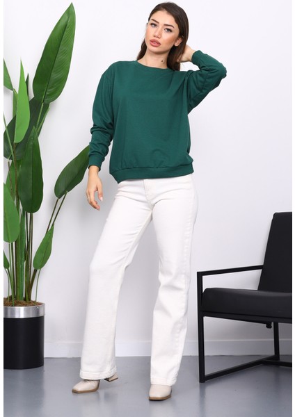 Zümrüt Yeşili Bisiklet Yaka İki İplik Sweatshirt fiyatları