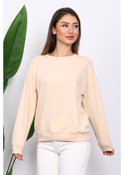 Krem Bisiklet Yaka İki İplik Sweatshirt