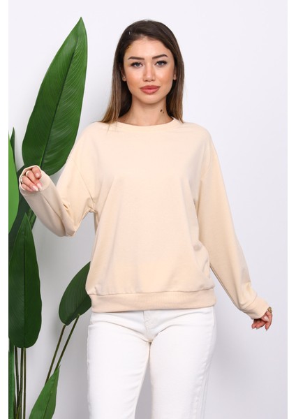 Krem Bisiklet Yaka İki İplik Sweatshirt fiyatları