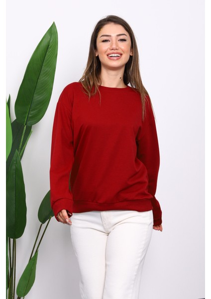 Bordo Bisiklet Yaka İki İplik Sweatshirt