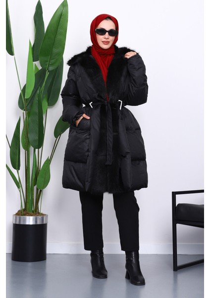 Siyah Yaka Kürklü Kemer Detaylı Şişme Mont