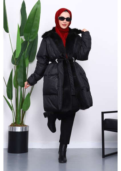 Siyah Yaka Kürklü Kemer Detaylı Şişme Mont fiyatları