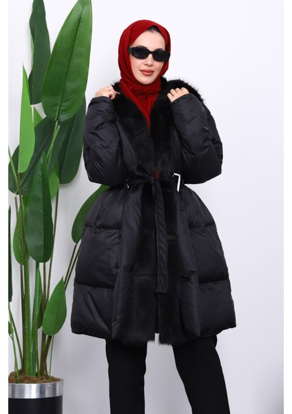 Siyah Yaka Kürklü Kemer Detaylı Şişme Mont modelleri