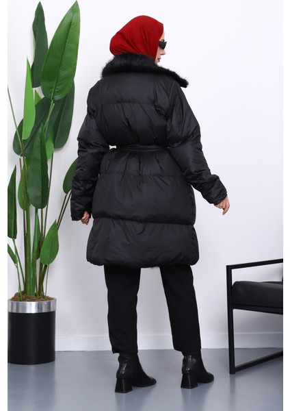 Siyah Yaka Kürklü Kemer Detaylı Şişme Mont fırsatları