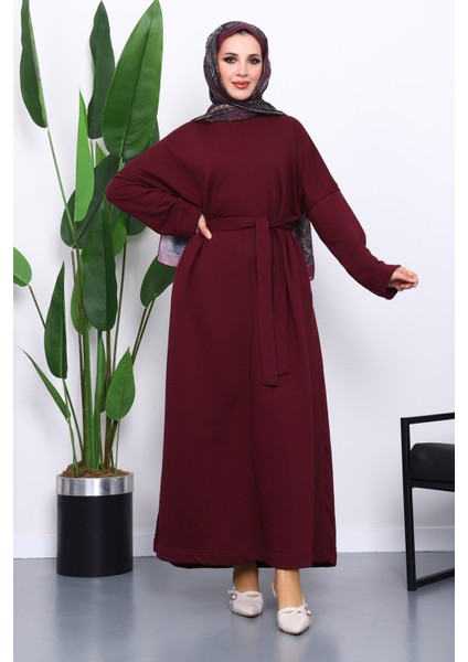 Mürdüm Kuşaklı Üç İplik Elbise