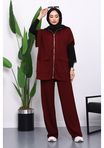 Mürdüm Fermuarlı Çift Cepli Modal Yelek Pantolonlu Takım fiyatları