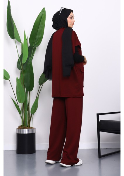 Mürdüm Fermuarlı Çift Cepli Modal Yelek Pantolonlu Takım modelleri