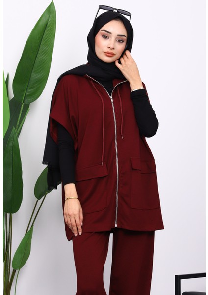 Mürdüm Fermuarlı Çift Cepli Modal Yelek Pantolonlu Takım fırsatları